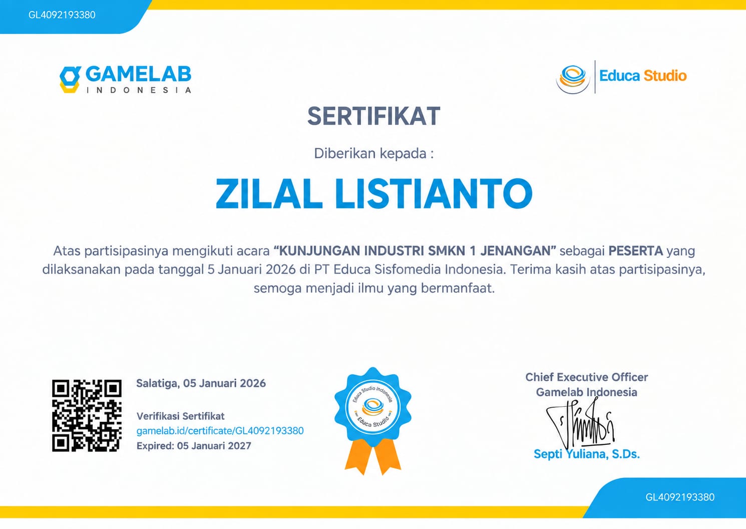 Sertifikat Kunjungan Industri GameLab